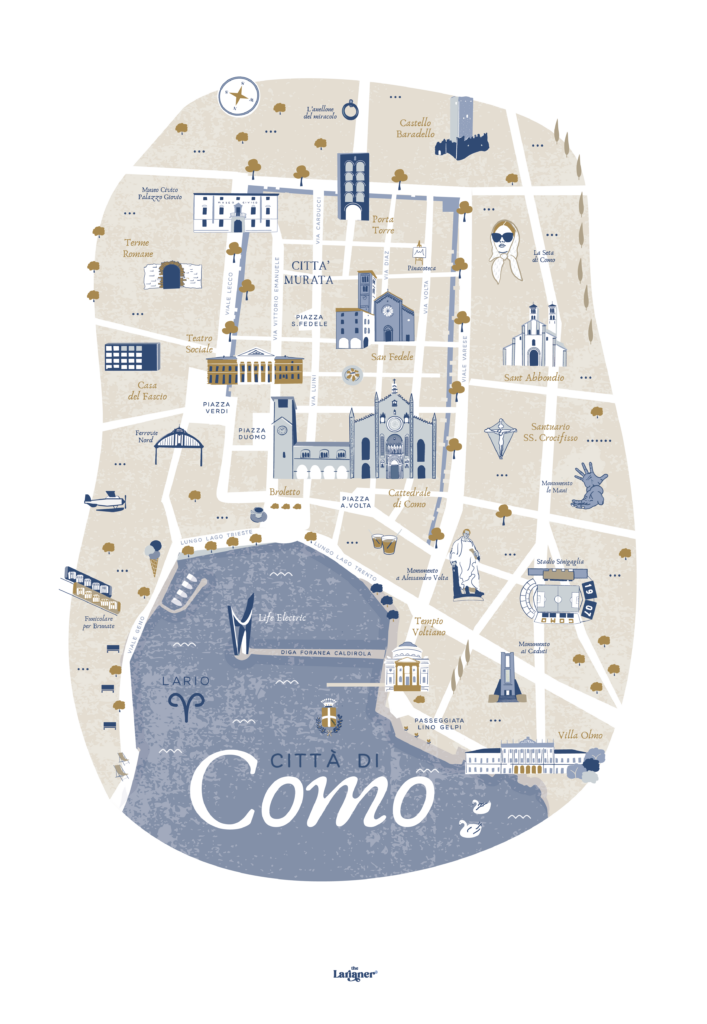 Mappa grafica artistica di Como con i monumenti principali e le attrazioni.